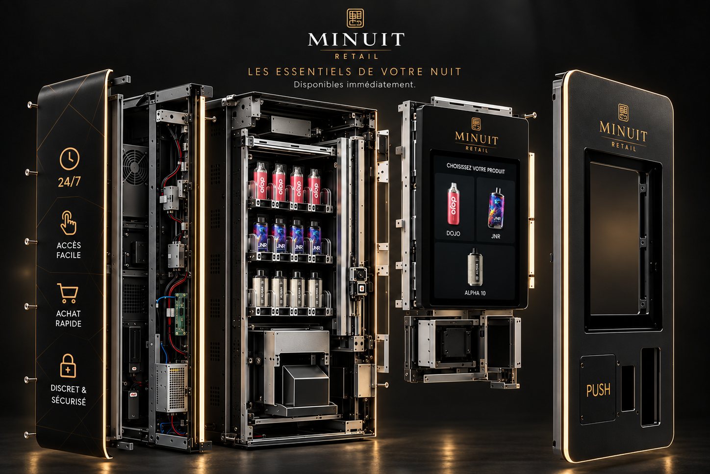 Vue éclatée du distributeur Minuit Retail : panneaux, mécanique de distribution à spirales, module écran, monétique et façade tactile.