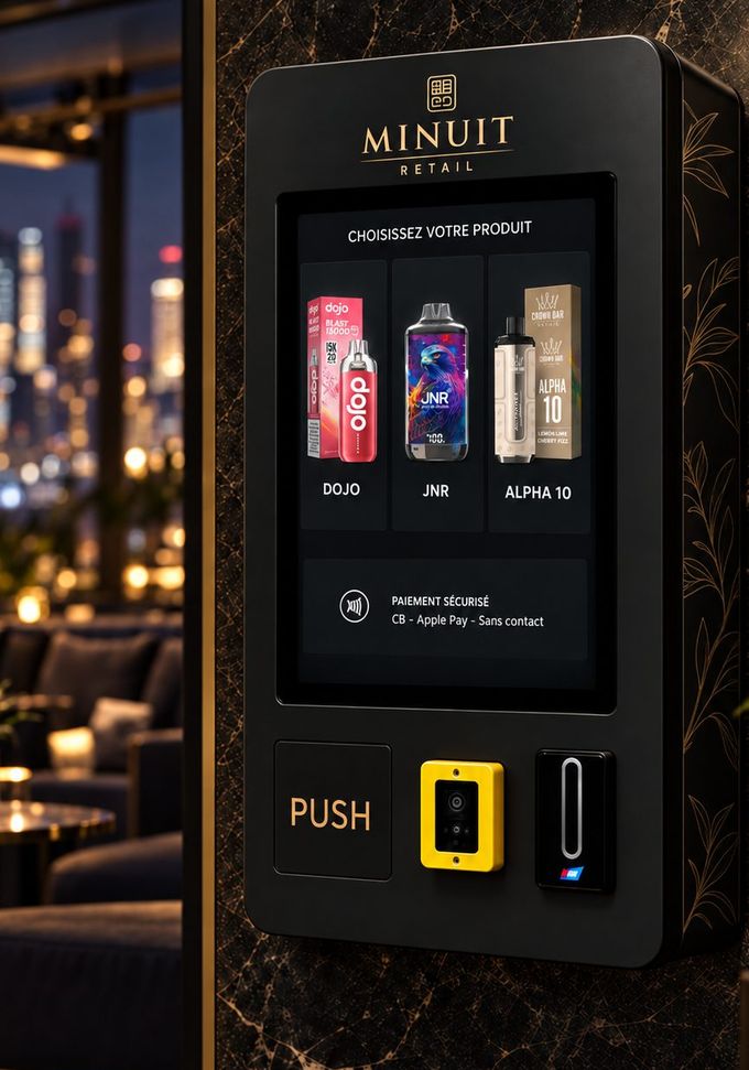 Distributeur Minuit Retail allumé dans un lounge, écran de sélection éclairé face à une skyline nocturne.