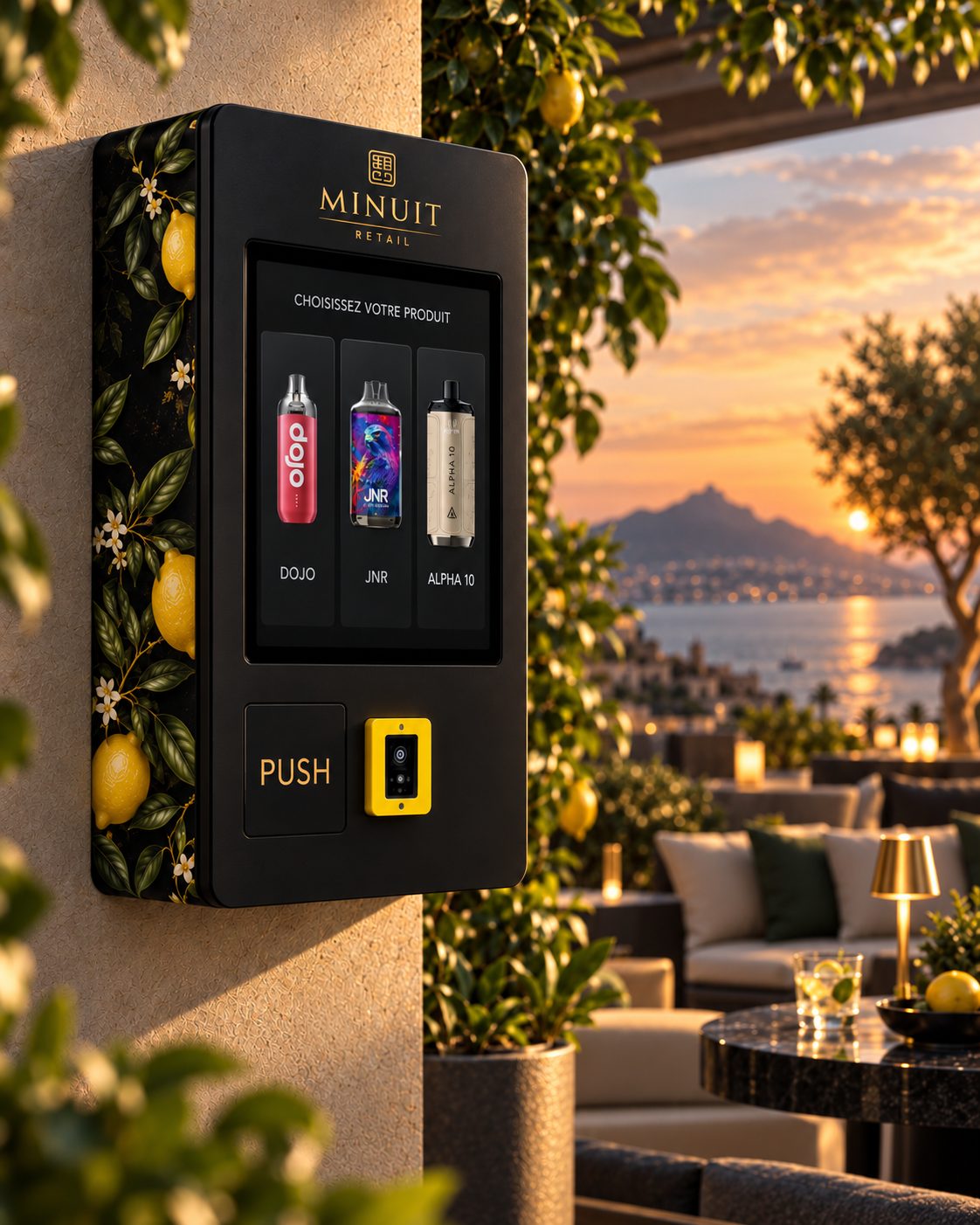Distributeur Minuit Retail sur une terrasse de la Côte d'Azur au coucher de soleil.
